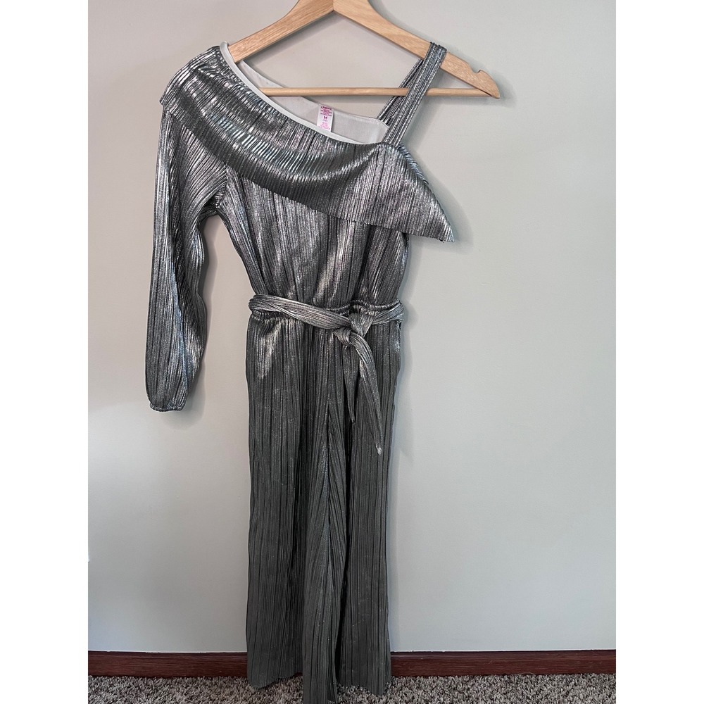 Justice Girls Silver Metallic Pleated One Shoulder Jumpsuit Size M 10 Wide Leg
